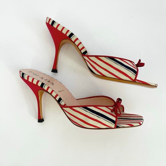 Vintage Prada Red Navy Cream Striped Bow Square Toe Slide Mules Heels IT 38.5 - Picture 4 of 11